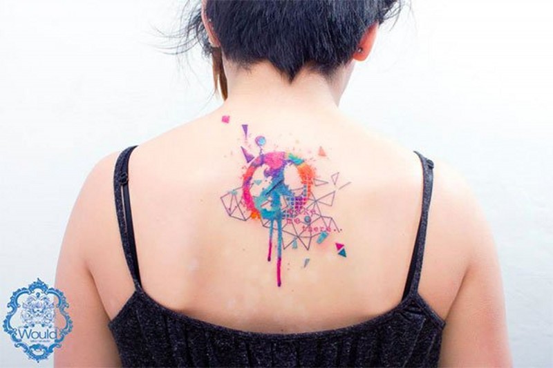 Interesting watercolor piece sign with geometrical figures tattoo on upper back