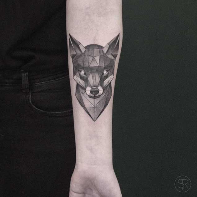 Iron like colored forearm tattoo of demonic fox