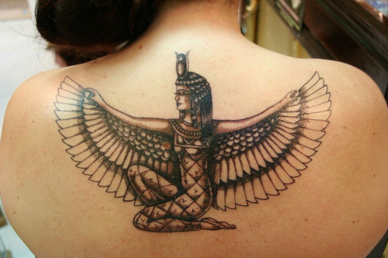 Isis with wings tattoo on back for women