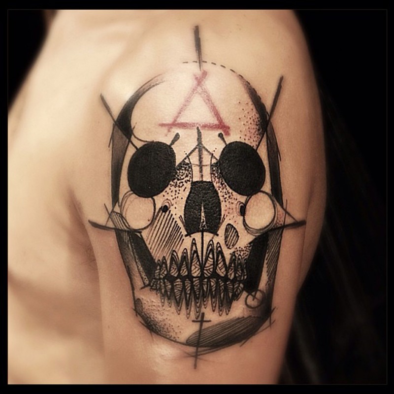 Japanese cartoon style colored shoulder tattoo of demonic mask with red triangle