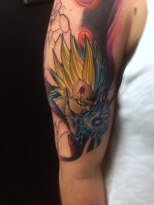 Japanese cartoon style colored shoulder tattoo of fantasy warrior