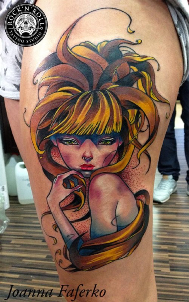 Japanese cartoon style colored thigh tattoo of girl