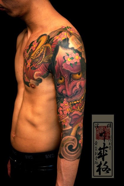 Japanese coloured demon tattoo on half sleeve