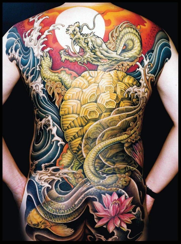 Japanese golden dragon tattoo on back