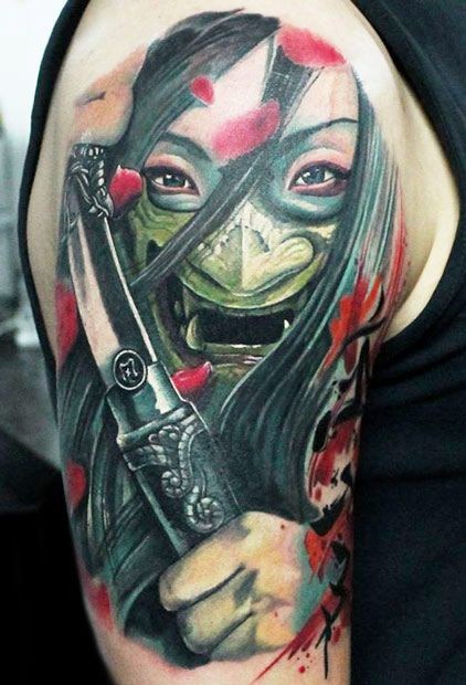 Japanese samurai in mask tattoo on half sleeve