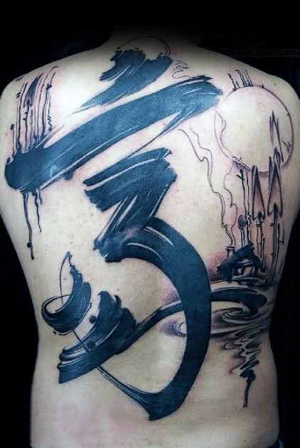 Japanese style black ink lettering tattoo on whole back with moon