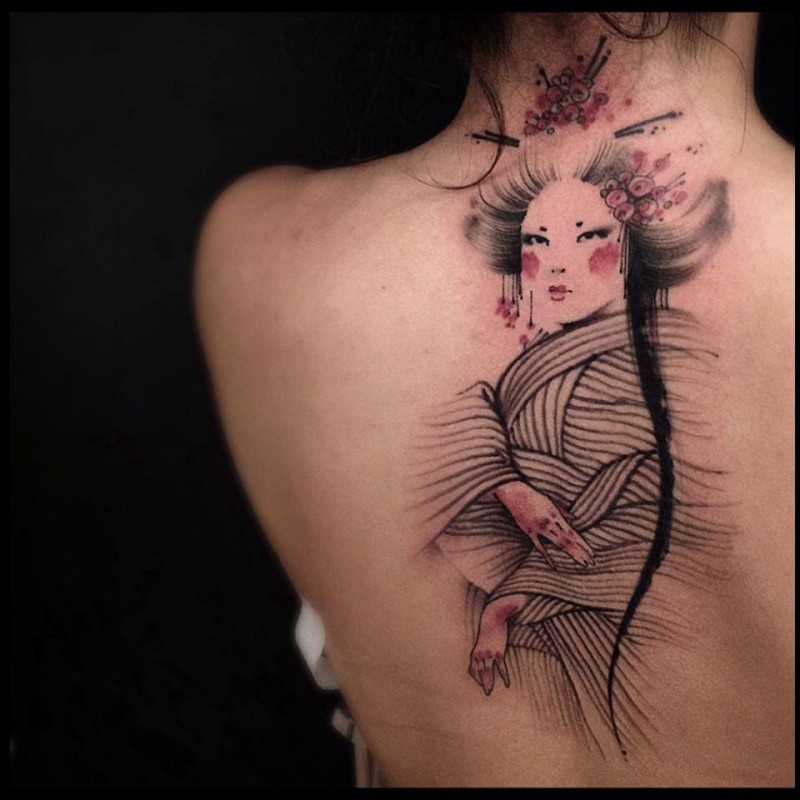 Japanese style colored back tattoo of geisha woman