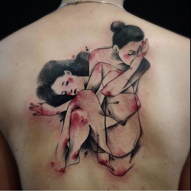 Japanese style colored back tattoo of various woman
