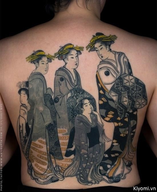 Japanese style colored back tattoo of geisha women with children