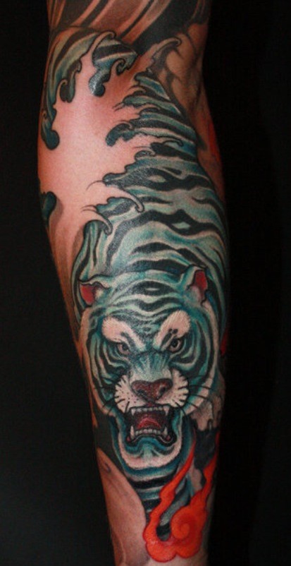 Japanese style colored forearm tattoo of angry white tiger