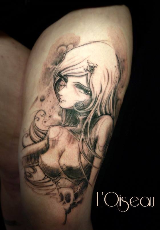 Japanese style colored thigh tattoo of cute woman