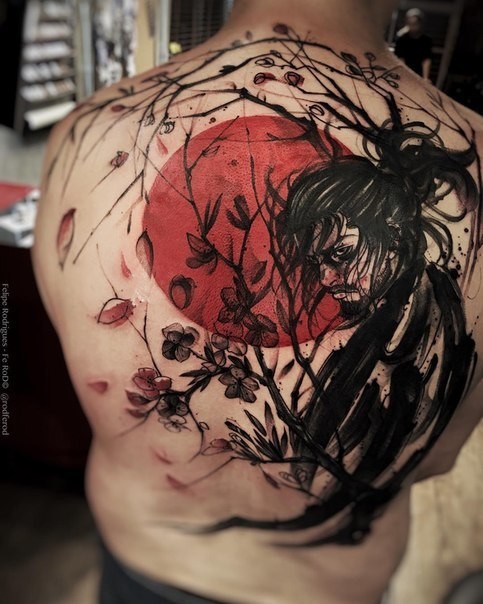 Japanese style colored whole back tattoo of samurai warrior with blooming tree and sun