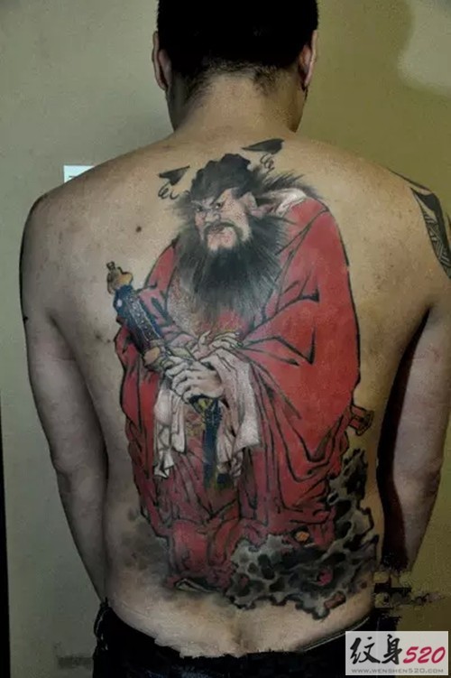 Japanese style colored whole back tattoo of warrior