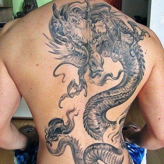 Japanese style colored whole back tattoo of fantasy dragon