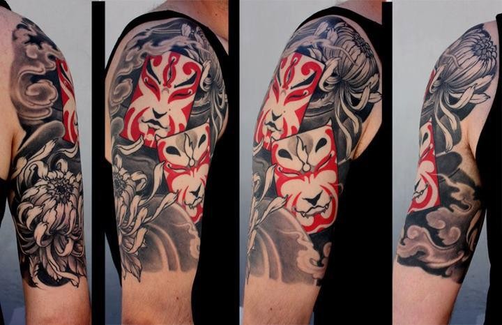 Japanese traditional colored shoulder tattoo of various masks and flowers