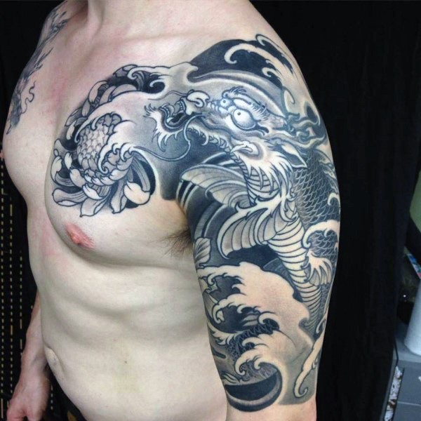 Japanese traditional style black ink shoulder and chest tattoo of dragon and chrysanthemum flower