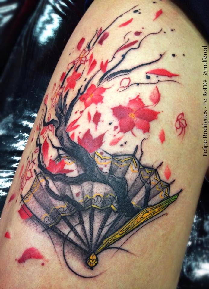 Japanese traditional style colored tattoo of fan with big tree