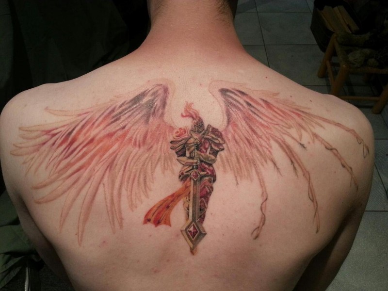 Knight angel with big wings tattoo on back