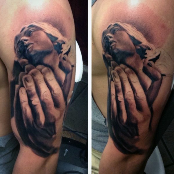 Large 3D style colored shoulder tattoo of praying woman statue