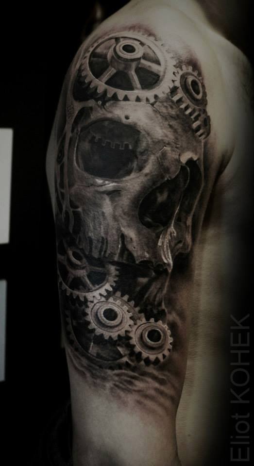 Large 3D style half sleeve tattoo of skull designed by Eliot Kohek