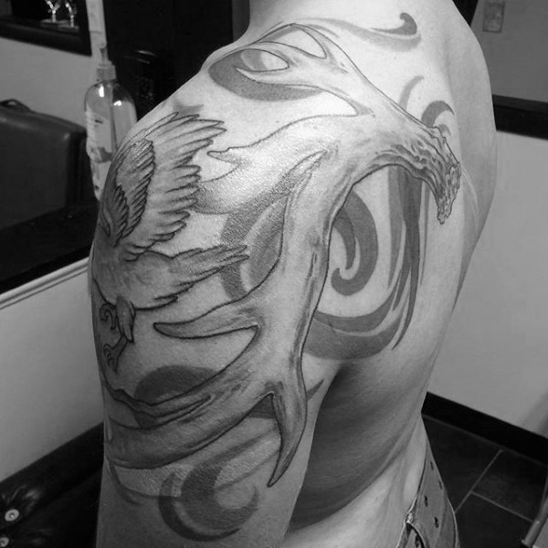Large 3D style shoulder and back tattoo of elk horn and bird