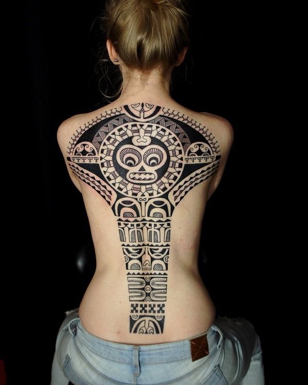 Large black ink amazing looking whole back tattoo of ancient statue