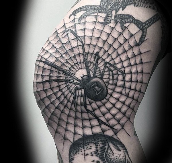 Large black ink arm tattoo of of incredible spider web and big spider