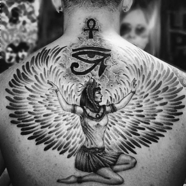 Large black ink back tattoo of Egypt Goddess with wings and symbols