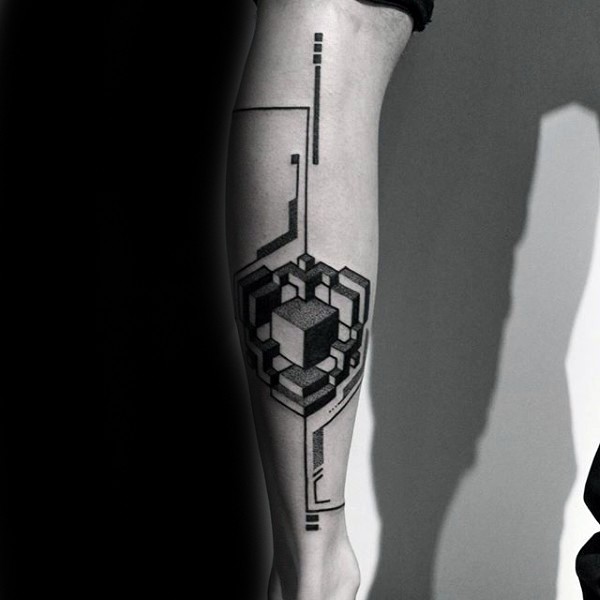 Large black ink leg tattoo of geometrical figure