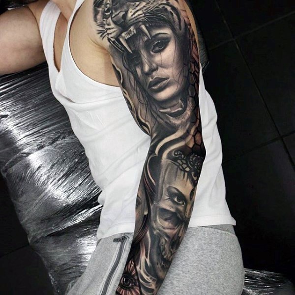 Large black ink mystical women portraits tattoo on sleeve