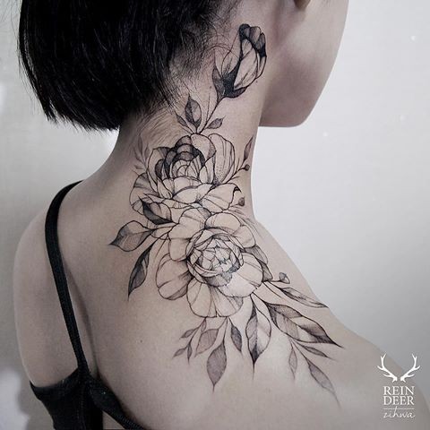 Large blackwork style painted by Zihwa shoulder tattoo of roses
