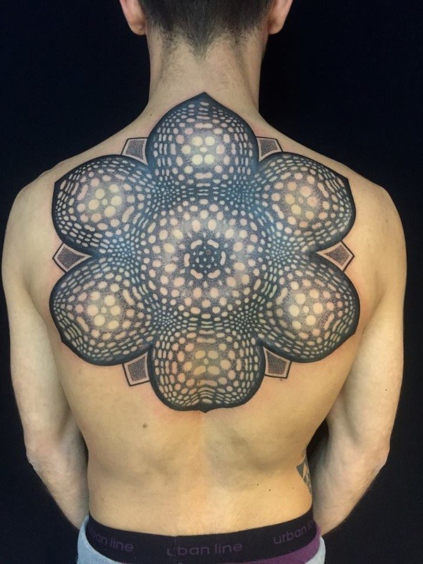 Large colored stippling style back tattoo of various flowers