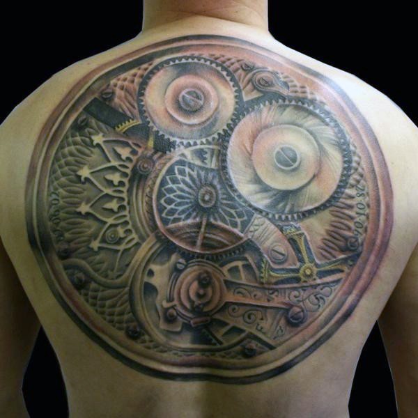 Large colored whole back tattoo of mechanical clock