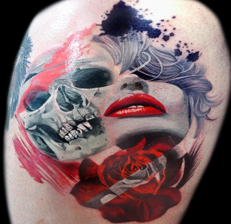 Large colorful thigh tattoo of woman with skull and rose