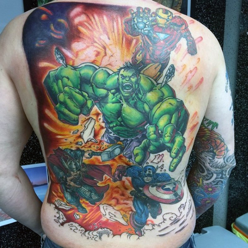 Large colorful whole back tattoo of various Avengers heroes