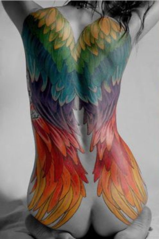 Large coloured wings tattoo for girls
