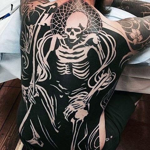 Large creative looking whole back tattoo of human skeleton