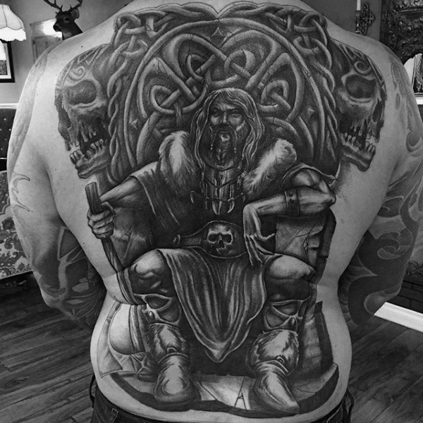 Large fantasy Celtic style whole back tattoo of old warrior with big throne