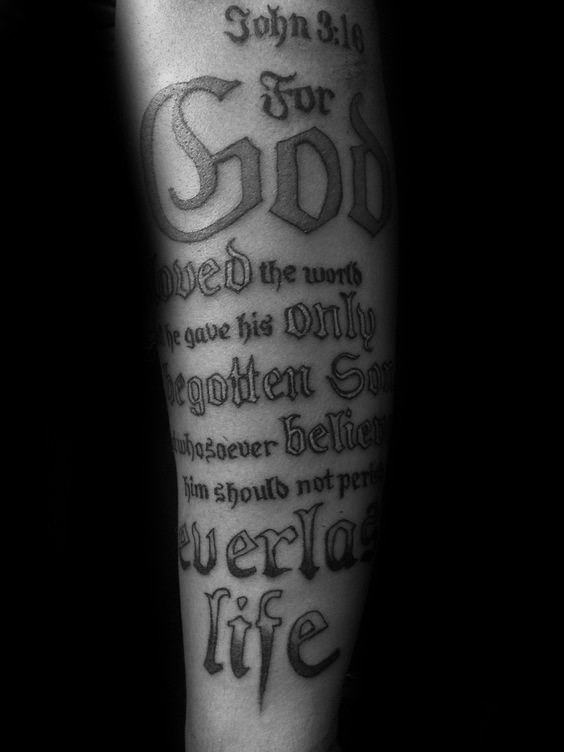 Large fantasy style colored arm tattoo of various lettering