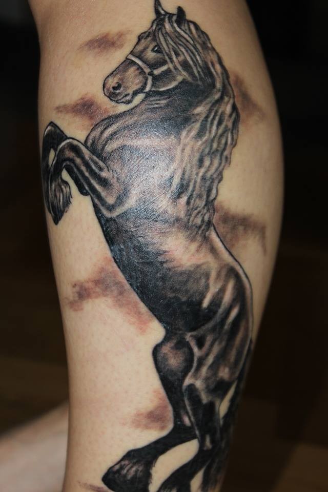 Large horse tattoo on leg by jasminasusak