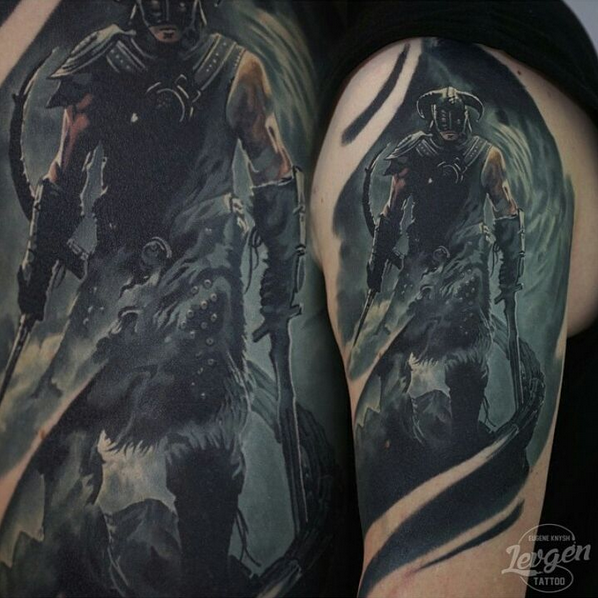 Large illustrative style shoulder tattoo of Skyrim dragonborn