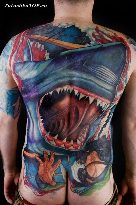 Large illustrative style whole back tattoo of shark with diver