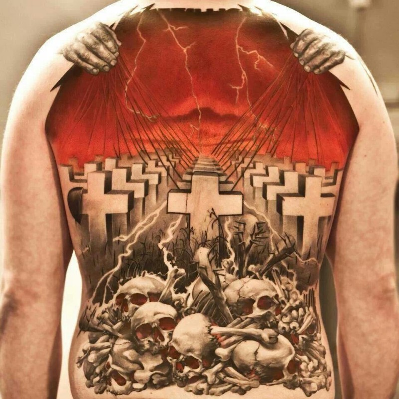 Large illustrative style whole back tattoo of big cemetery with skulls and lightning