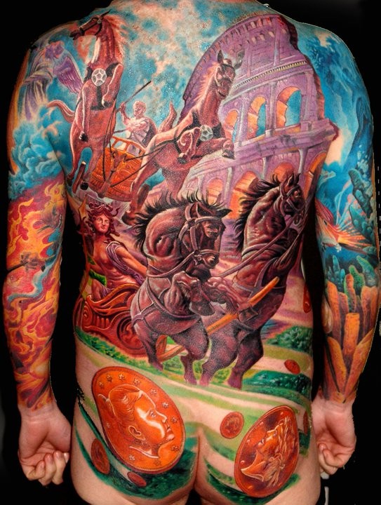 Large illustrative style whole body tattoo of ancient times