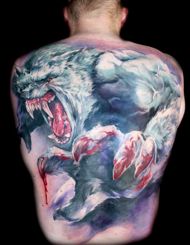 Large incredible looking whole back tattoo of colored bloody Werewolf