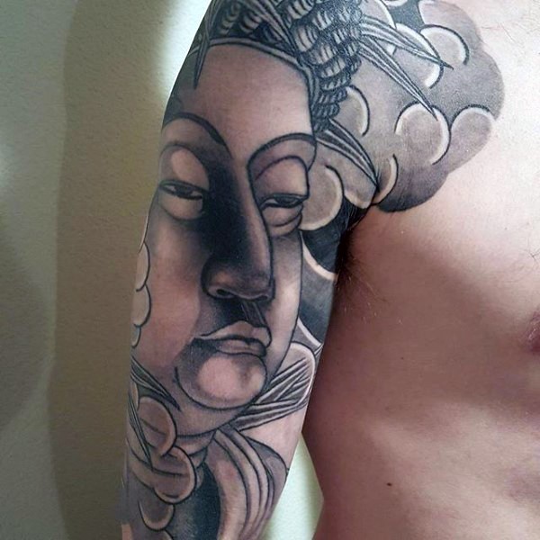 Large Japanese traditional style colored sleeve tattoo of Buddha statue