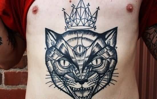 Large linework style belly tattoo of demonic cat with crown