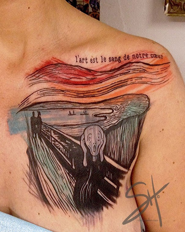 Large linework style colored chest tattoo of ghost with people and lettering