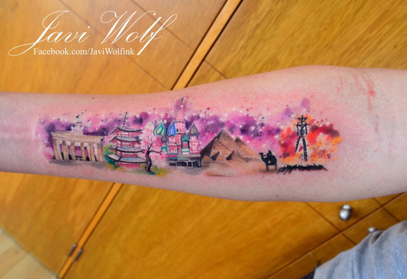 Large multicolored forearm tattoo of beautiful worlds most beautiful structures