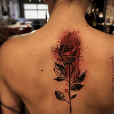 Large new school style back tattoo of beautiful rose